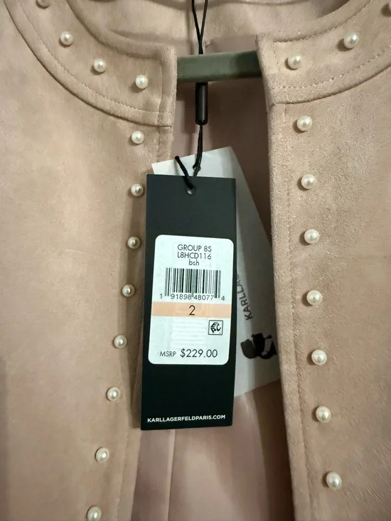 Karl Lagerfeld Blush Pink Pearl-Stud Suede Longline Coat - Picture 2 of 5